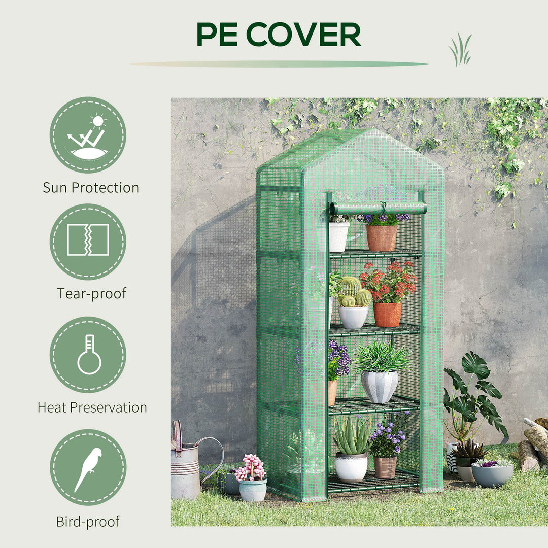 4 Tier Mini Greenhouse, Portable Compact Green House with Steel Frame, PE Cover, Roll-up Door, 70 x 50 x 160 cm, Green