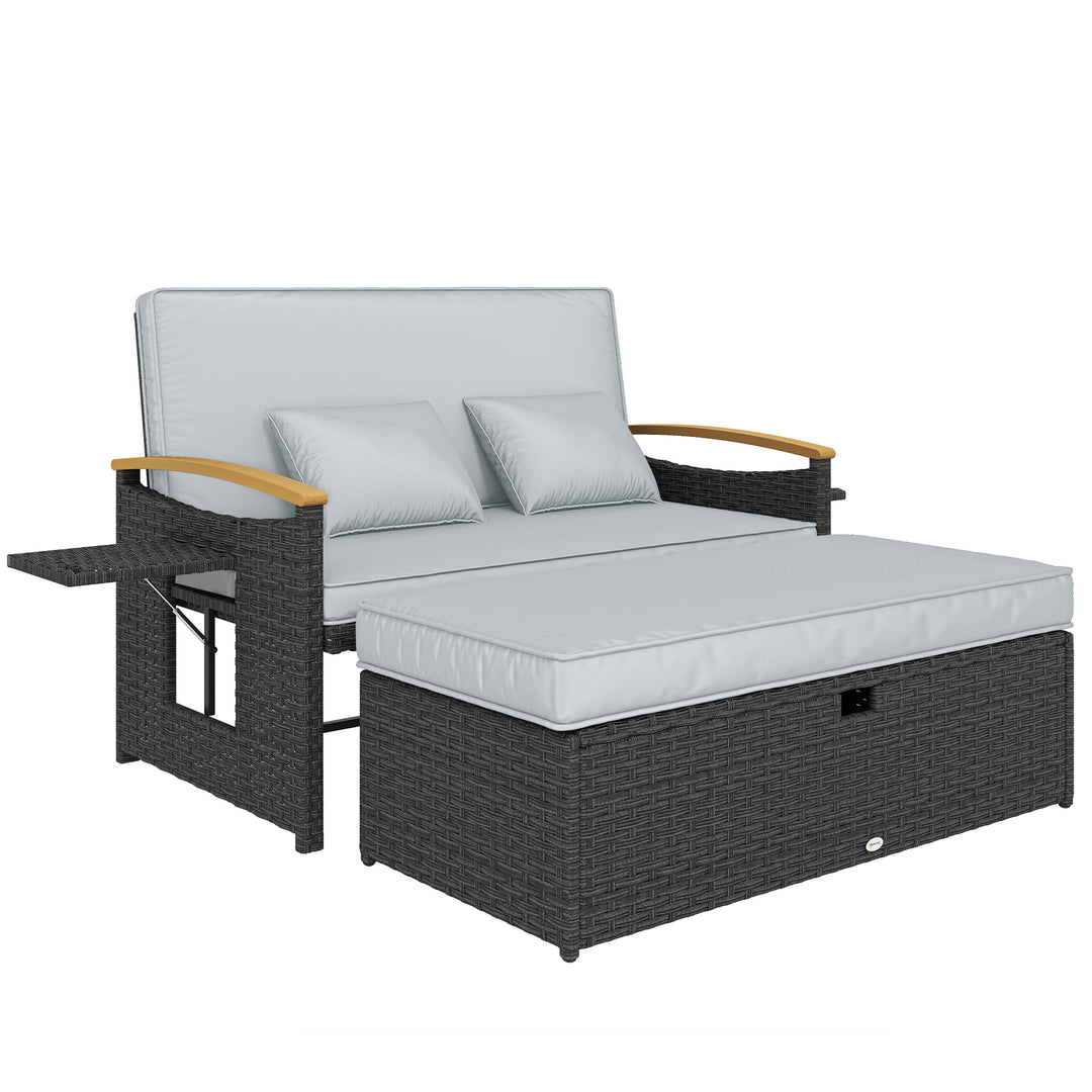 Double Garden Rattan Daybed, Wicker Sun Bed Chaise Lounger with Storag