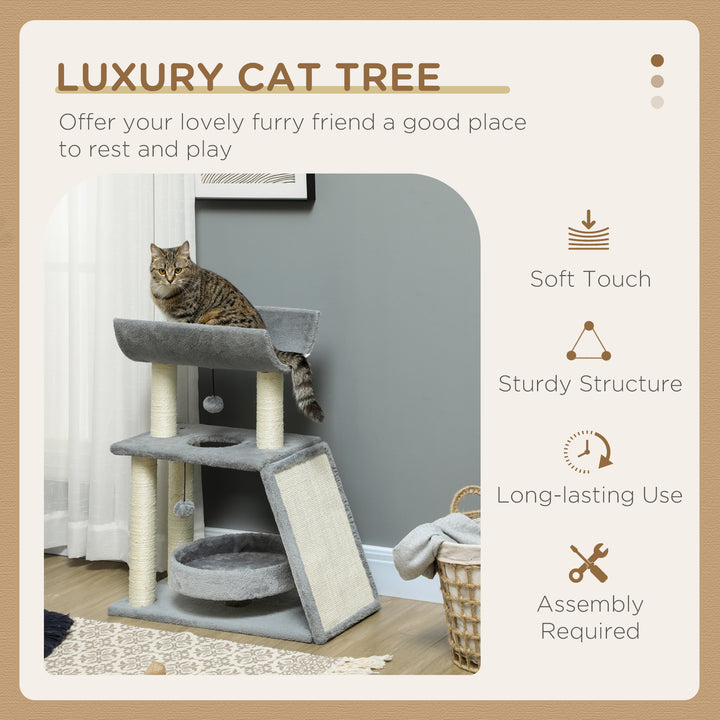 Cat Tree Tower, with Scratching Posts, Pad, Bed, Perch, Toy Ball - Light Grey