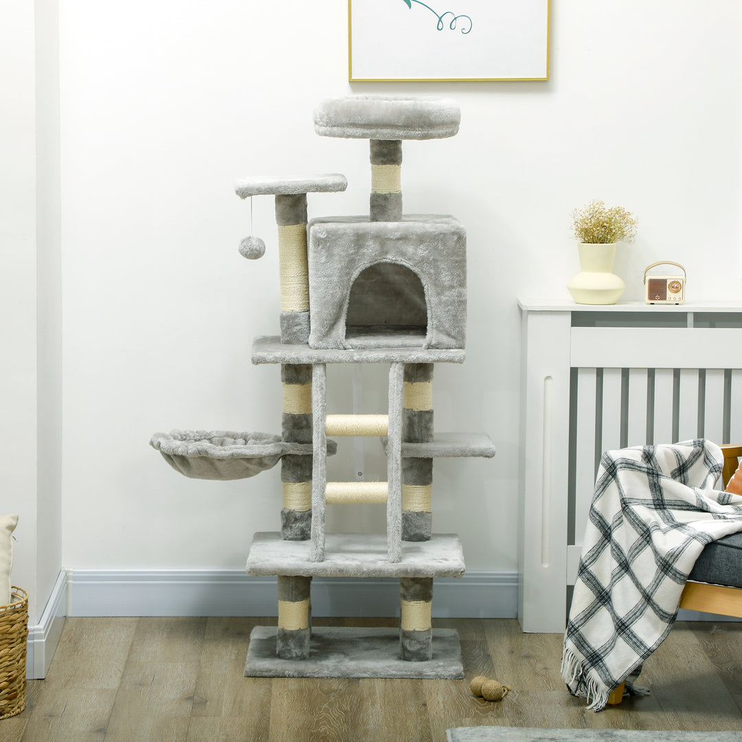 132cm Cat Tree with Scratching Post, House, Hammock, Toy Balls - Grey