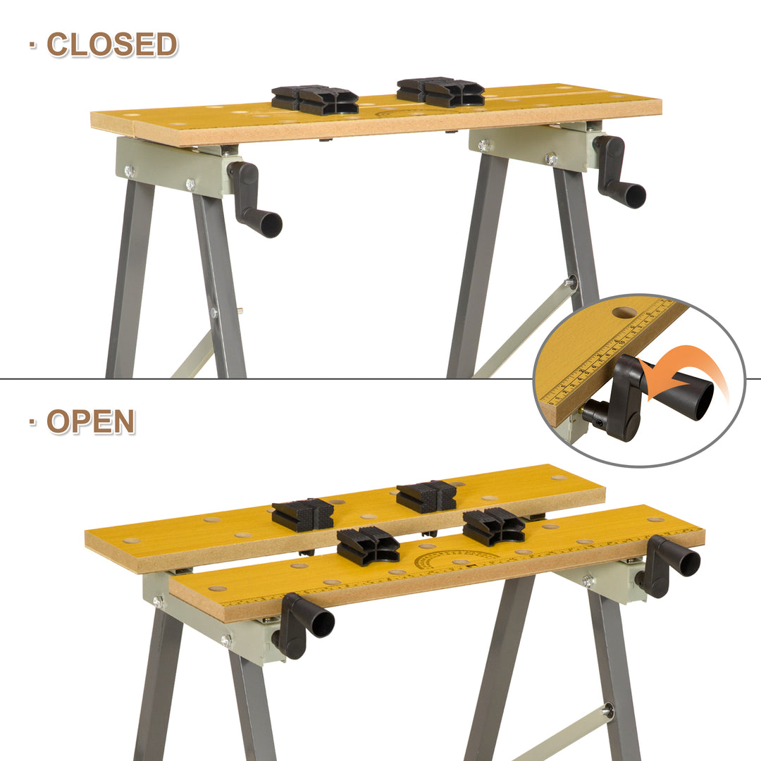 DURHAND 4-in-1 Work Bench, Saw Horse Folding Clamp Table w/ 4 Adjustable Clamping Pegs for DIY Home Garage, Grey