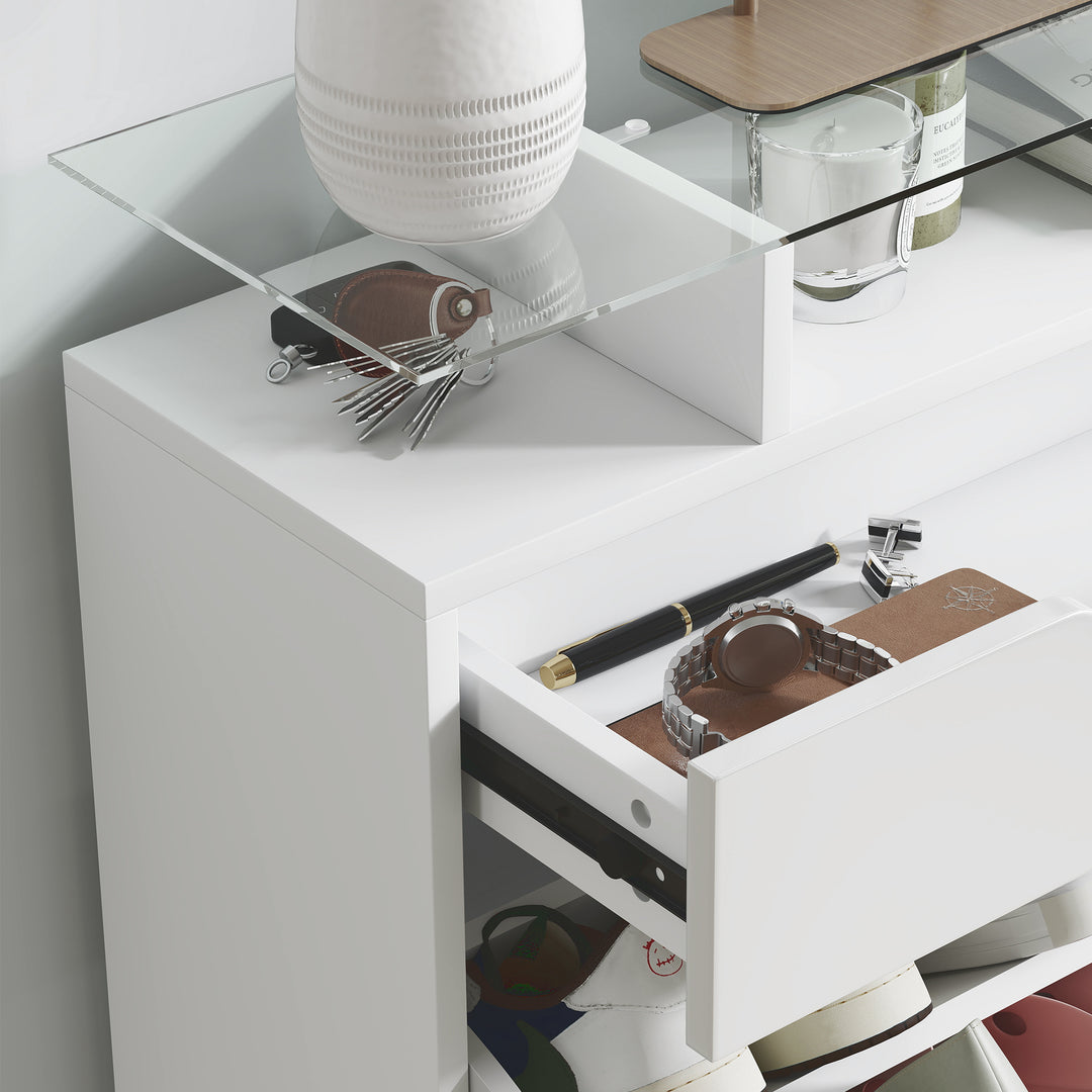 Shoe Storage Cabinet with Slide Out Drawer, 2 Flip Doors, Tempered Glass Top - White