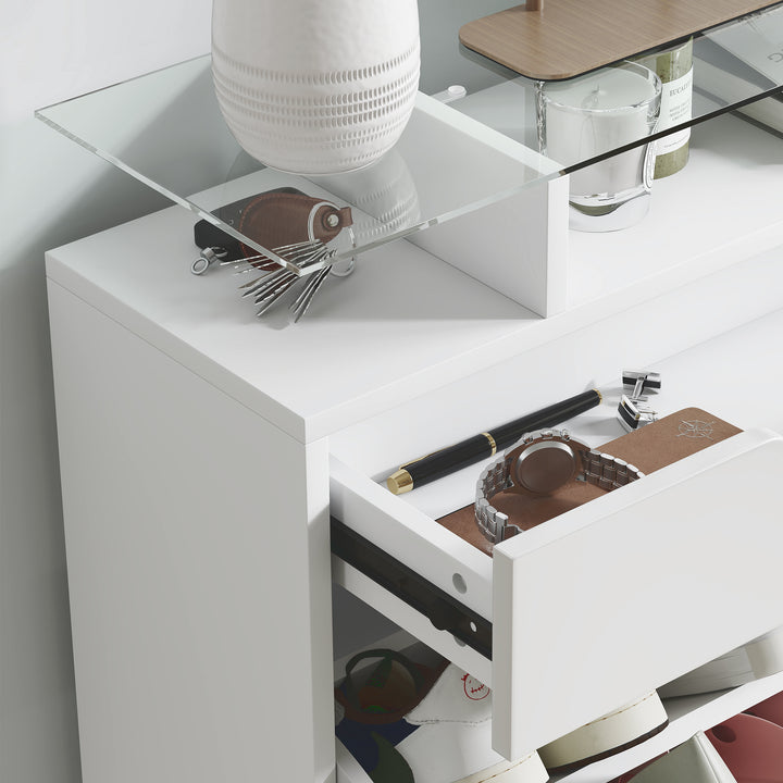 Shoe Storage Cabinet with Slide Out Drawer, 2 Flip Doors, Tempered Glass Top - White