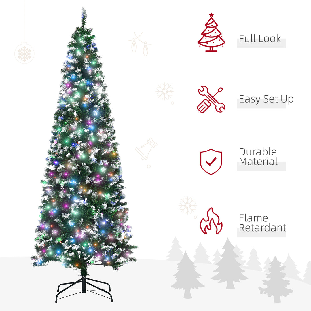 7FT Tall Prelit Pencil Slim Artificial Christmas Tree with Realistic Branches, 350 Colourful LED Lights and 818 Tips, Xmas Decoration, Green