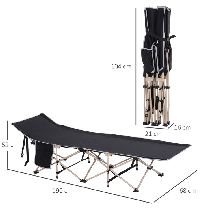 Single Person Camping Bed Folding Cot Outdoor Patio Portable Military Sleeping Bed Travel Guest Leisure Fishing with Side Pocket and Carry Bag - Black