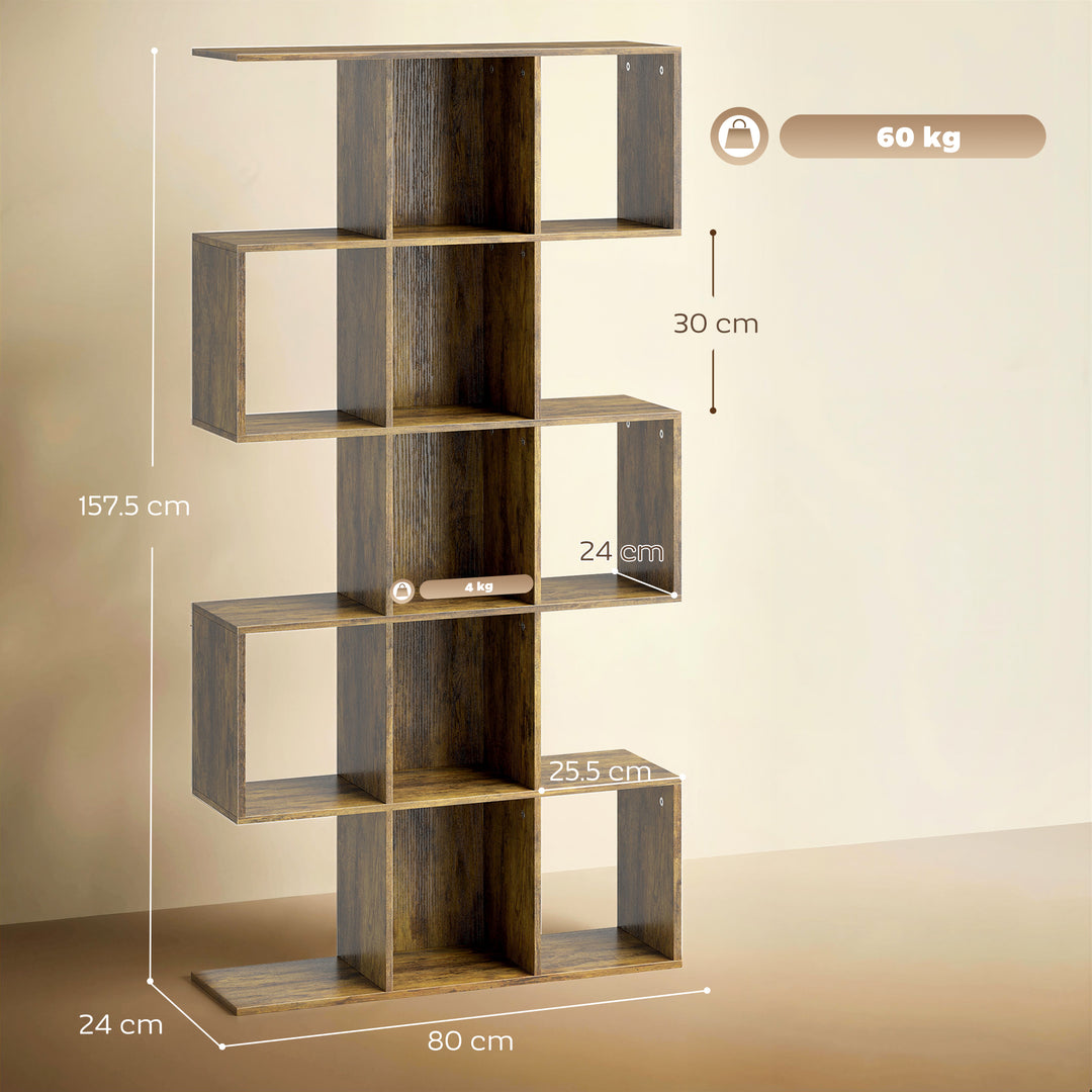 5-Tier Bookshelf, S Shaped Geometric Bookcase with 15 Compartments, Ru