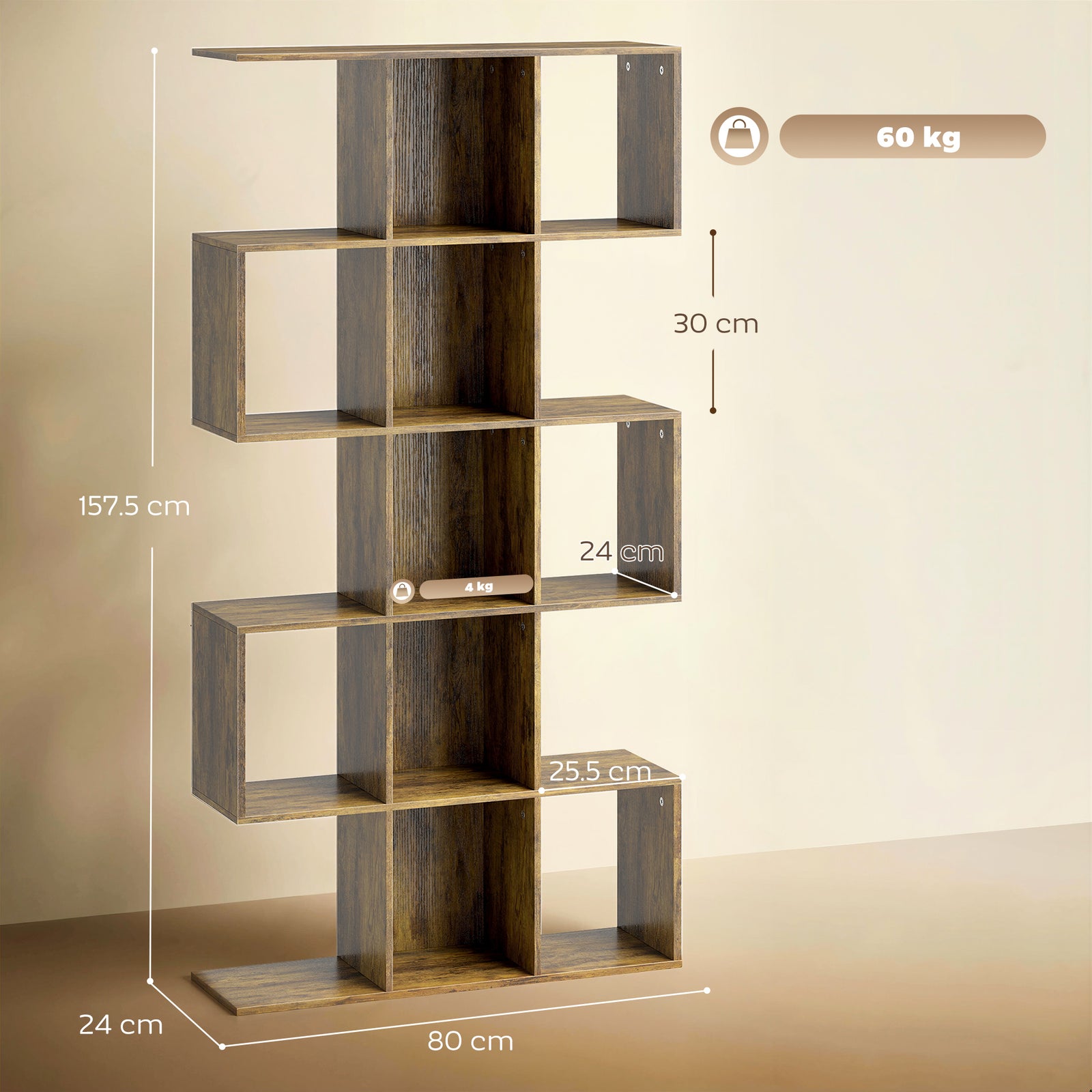 5-Tier Bookshelf, S Shaped Geometric Bookcase with 15 Compartments, Ru
