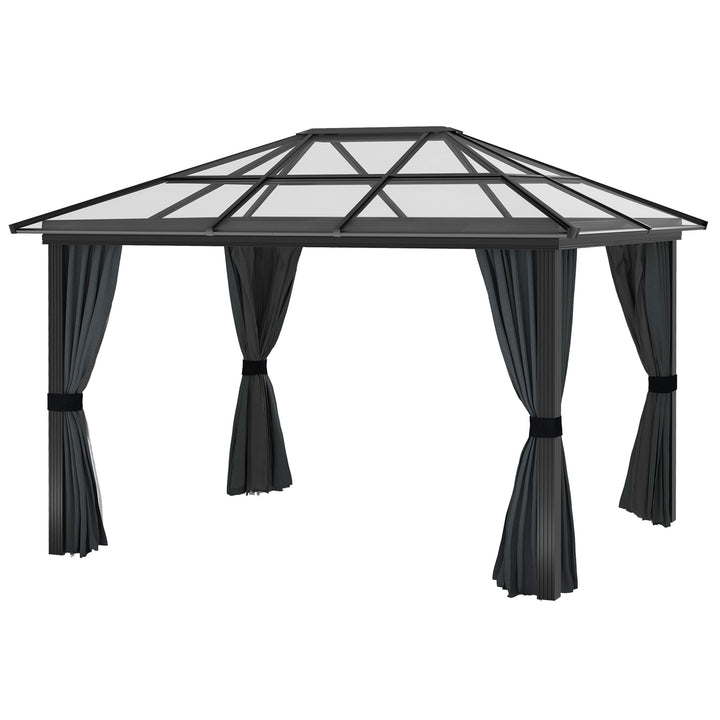 Outsunny 3 x 3.6m Hardtop Gazebo w/ UV Resistant Polycarbonate Roof & Aluminium Frame, Garden Pavilion with Mosquito Netting and Curtains | Aosom UK