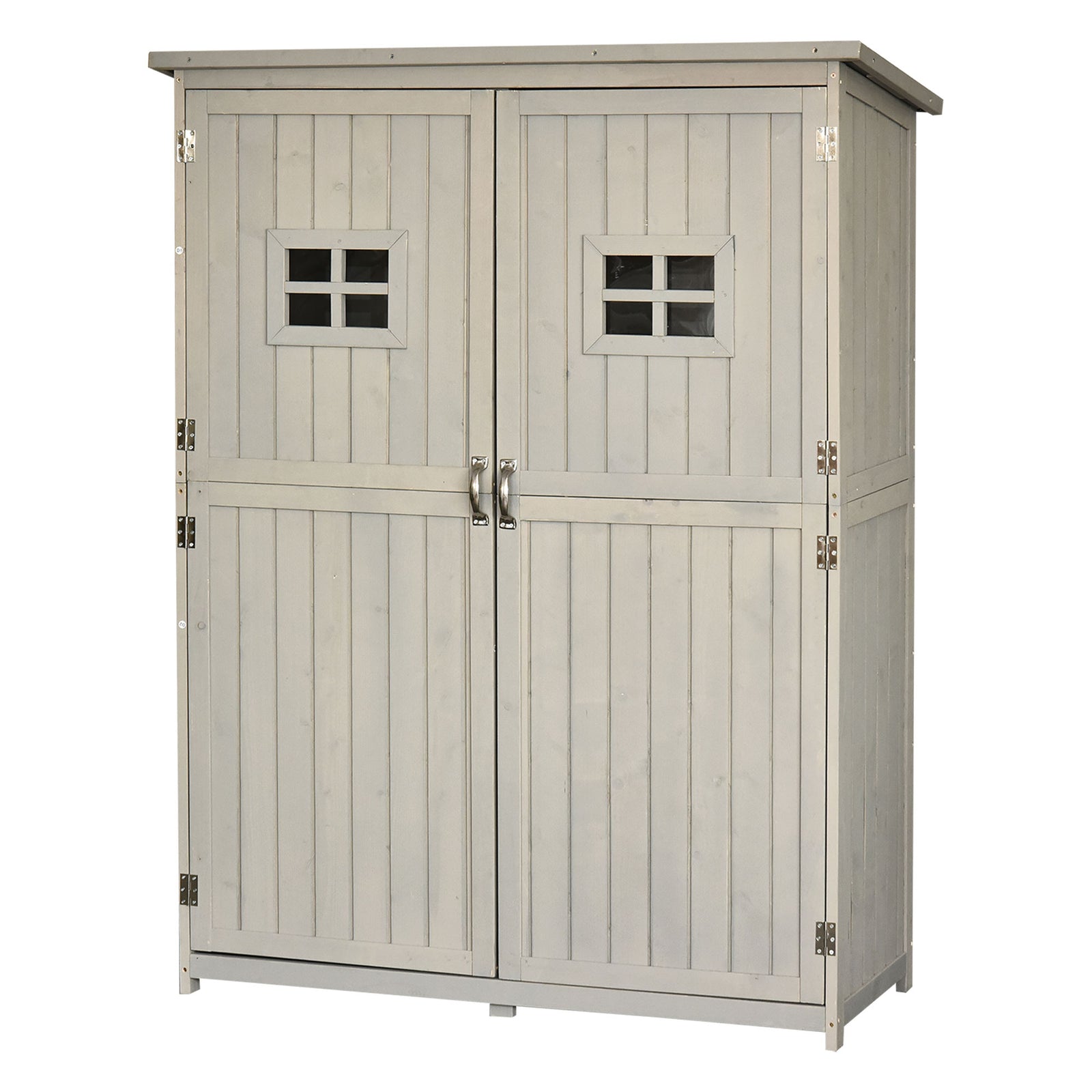 Wooden Garden Shed with Two Windows, Tool Storage Cabinet, Outdoor Double Door Organizer 127.5L x 50W x 164H cm, Grey
