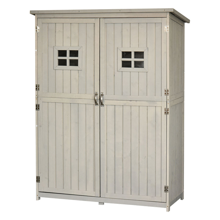 MCL Wooden Garden Shed with Two Windows, Tool Storage Cabinet, Outdoor Double Door Organizer 127.5L x 50W x 164H cm, Grey
