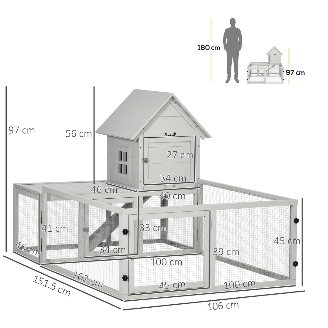 Indoor Rabbit Hutch, Guinea Pig Cage, with Slide-Out Tray, Large Fenced Area - Light Grey