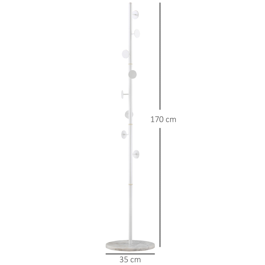 HOMCOM Coat Rack, Free Standing Hall Tree with 8 Round Disc Hooks, Steel Entryway Stand with Marble Base for Clothes, Hats, Purses, White | Aosom UK