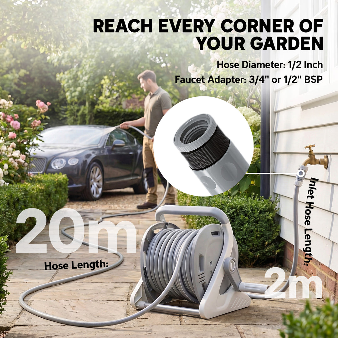 Portable Garden Hose Reel, 20+2 m Wall Mounted Hose Reel with 2 Patter
