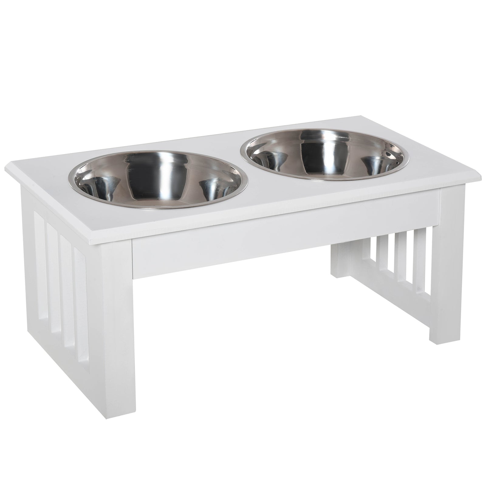 Raised Dog Feeding Bowls with Stand, Stainless Steel for Extra Small and Small Dog, 44L x 24W x 15H cm - White