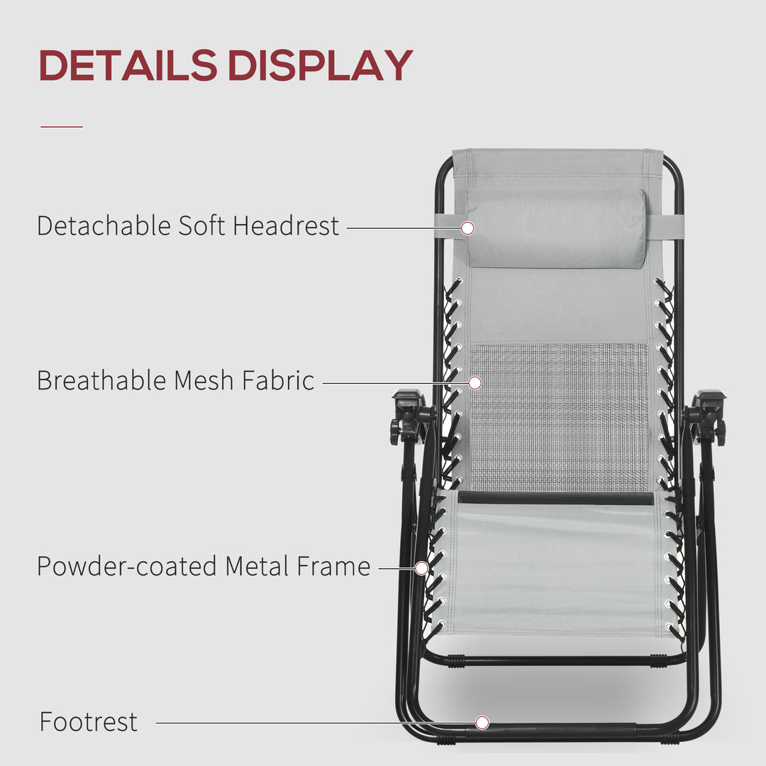 Garden Recliner Chairs Set of 2, Outdoor Foldable Zero Gravity Chairs Set w/ Footstool and Detachable Headrest, Grey
