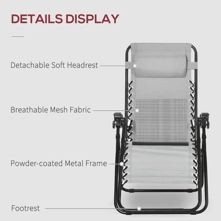 Garden Recliner Chairs Set of 2, Outdoor Foldable Zero Gravity Chairs Set w/ Footstool and Detachable Headrest, Grey