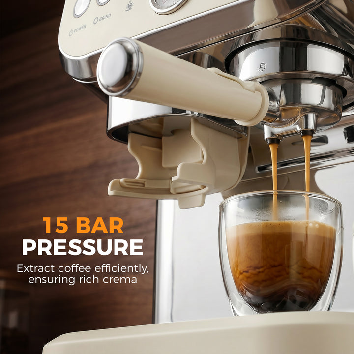 15 Bar Coffee Machine, with Adjustable Grind, Steamer and Accessories 