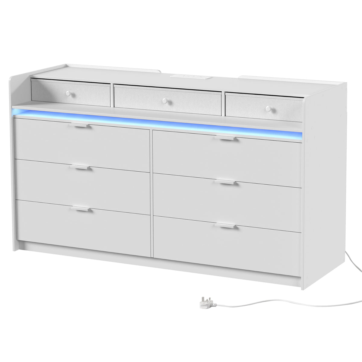 Chest of Drawers for Bedroom with LED Light & Charging Station, 9 - White