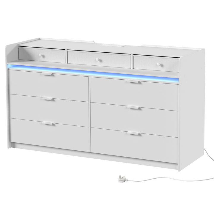 Chest of Drawers for Bedroom with LED Light &amp; Charging Station, 9 - White