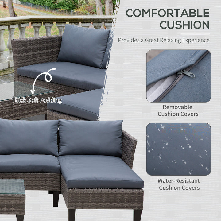 3 Pcs Garden Sofa PE Rattan Set w/ 2 Seats Square Glass Top Coffee Table Thick Cushions Solid Legs Metal Frame Patio Outdoor Balcony Patio L Corner Shape - Grey