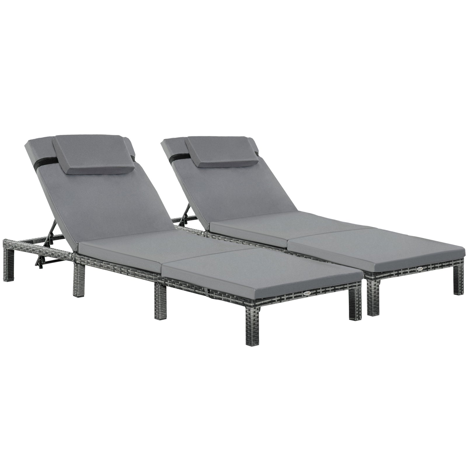 2 Pieces Outdoor PE Rattan Sun Loungers set of 2 with Cushion, Garden Wicker Sunbed Furniture with 5-Level Recliner Backrest, Grey