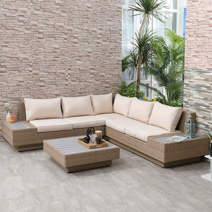 4 Pieces Rattan Garden Furniture Set, Garden Corner Sofa with Side Trays, Wicker Conservatory Furniture Set with Loveseats, Slatted Plastic Top Coffee Table and Cushions, Beige