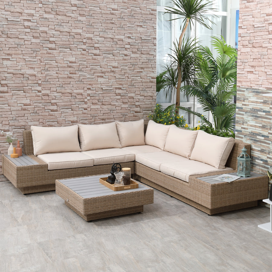 4 Pieces Rattan Garden Furniture Set, Garden Corner Sofa with Side Trays, Wicker Conservatory Furniture Set with Loveseats, Slatted Plastic Top Coffee Table and Cushions, Beige