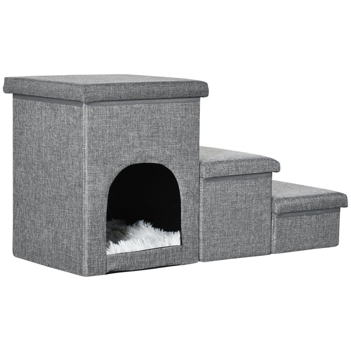 PawHut Dog Steps 3-step Pet Stairs with Kitten House and 2 Storage Boxes, 3 in 1 Dog Ramp for Sofa with Washable Plush Cushion | Aosom UK