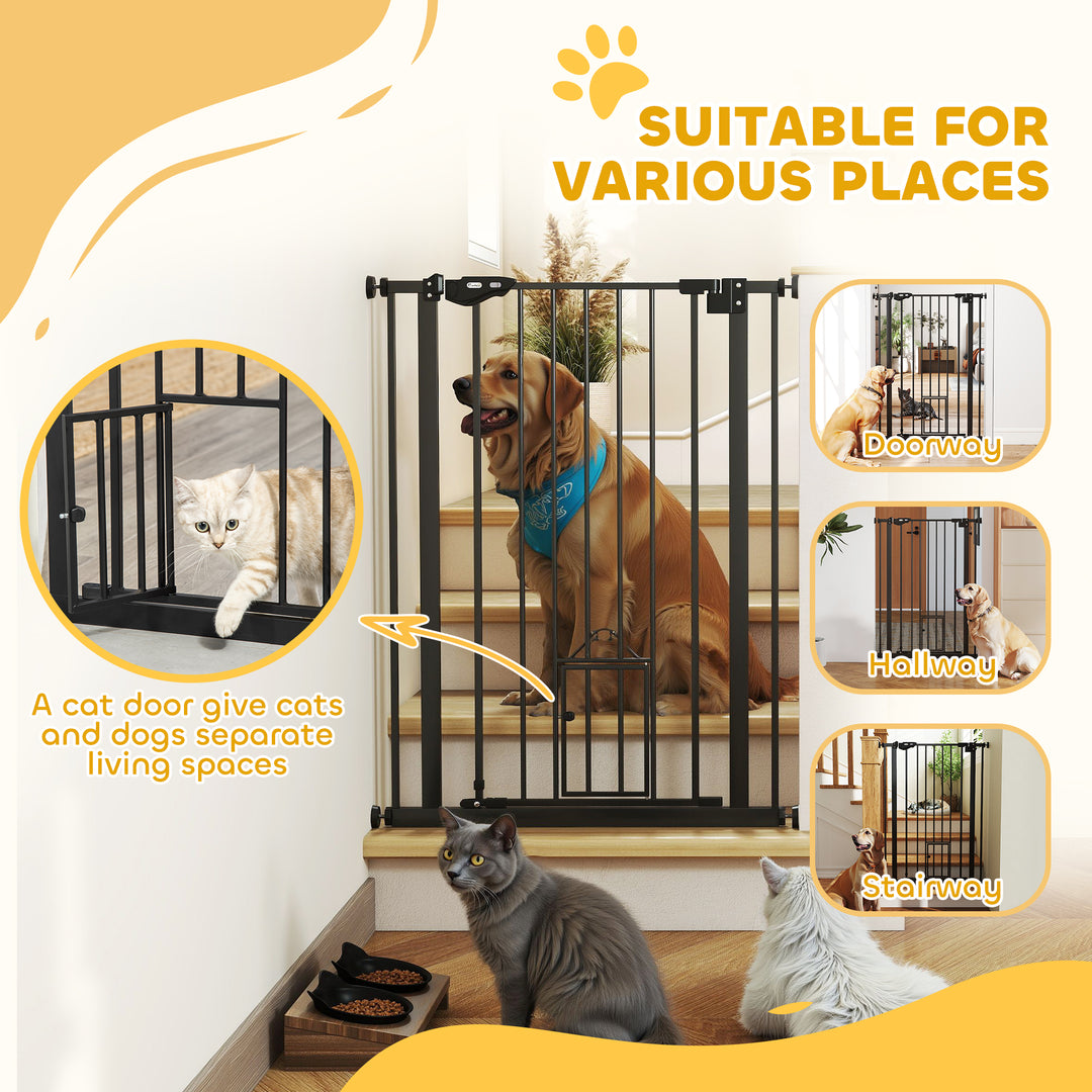 Extra Tall Pet Gate, Indoor Dog Safety Gate, with Cat Flap, Auto Close, 74-80cm Wide - Black
