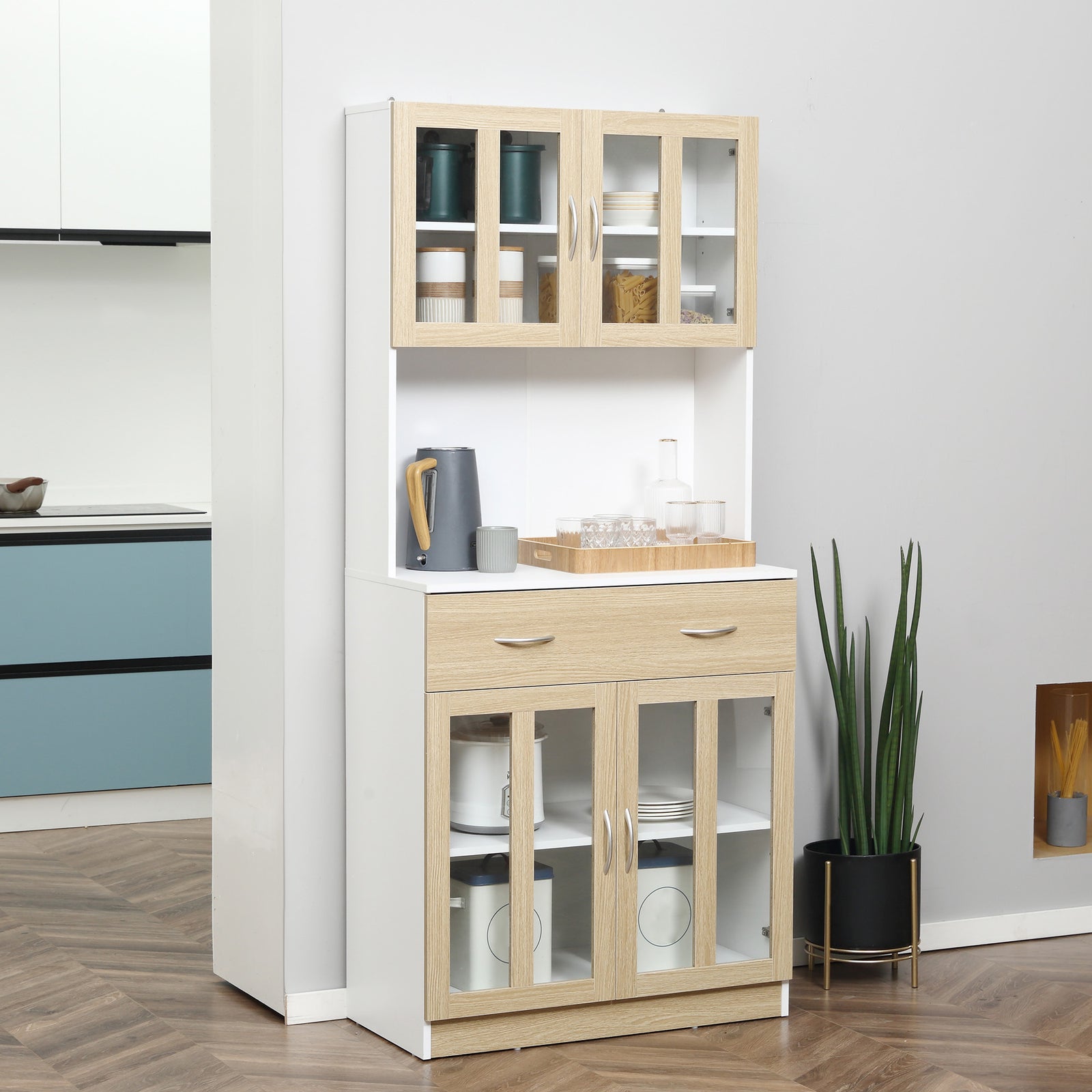 Modern Kitchen Cupboard, Freestanding Storage Cabinet Hutch with Central Drawer, 2 Glass Door Cabinets and Countertop, 180cm