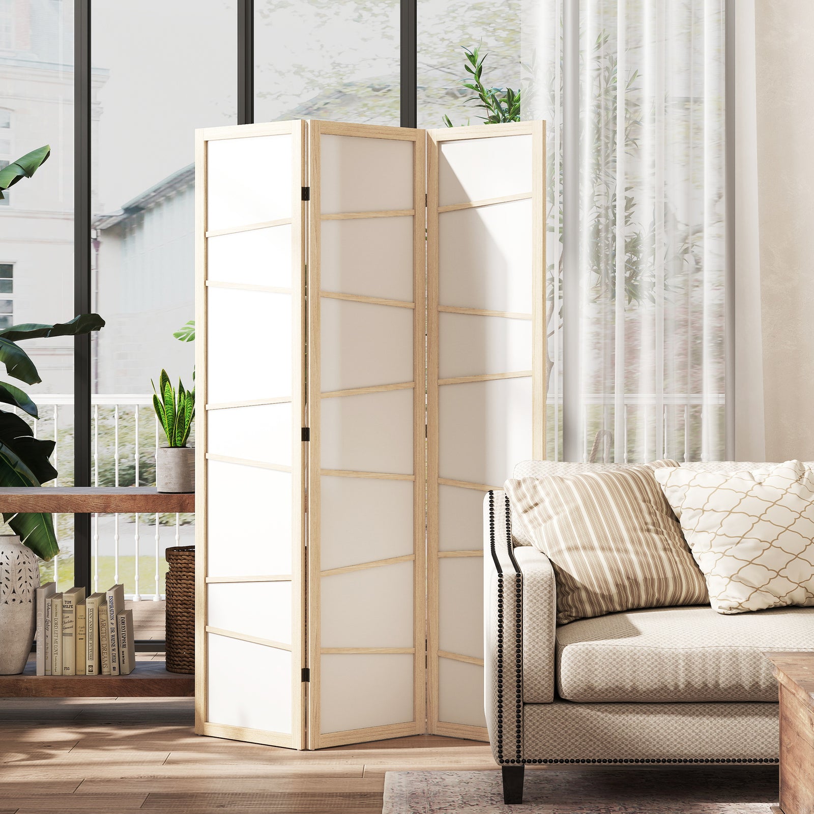 Wooden Folding Privacy Screen, 3 Panel Room Divider for Bedroom, Natur