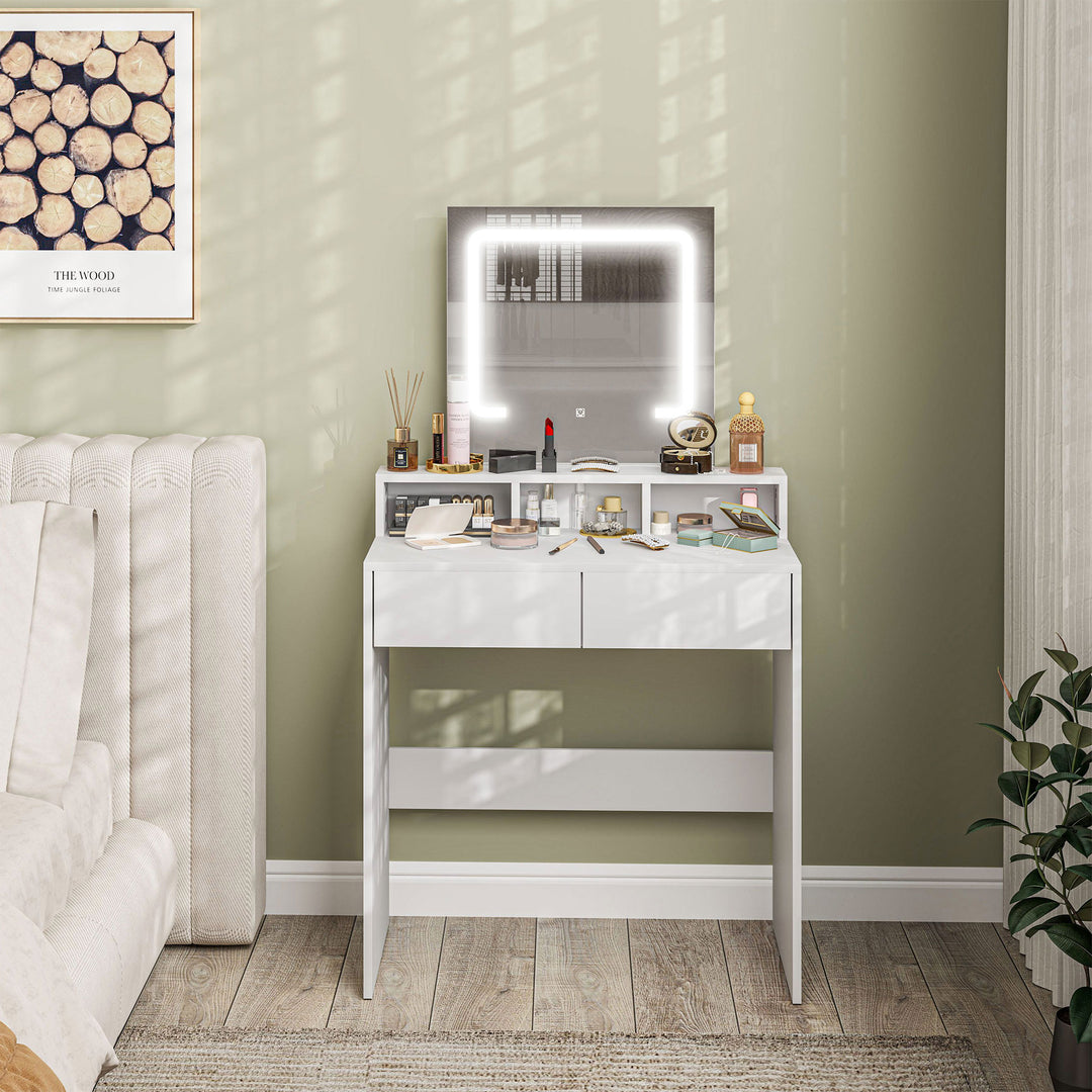 Storage Dressing Table, with LED Light Mirror - White