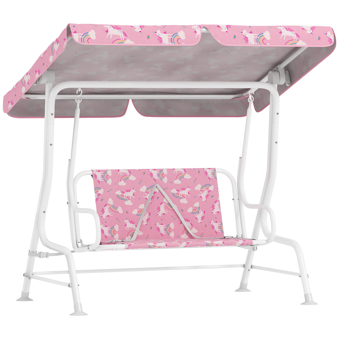 Kids Porch Swing, 2-Seater Patio Swing Bench Hammock with Seat Belts, Adjustable Canopy for Garden - Pink