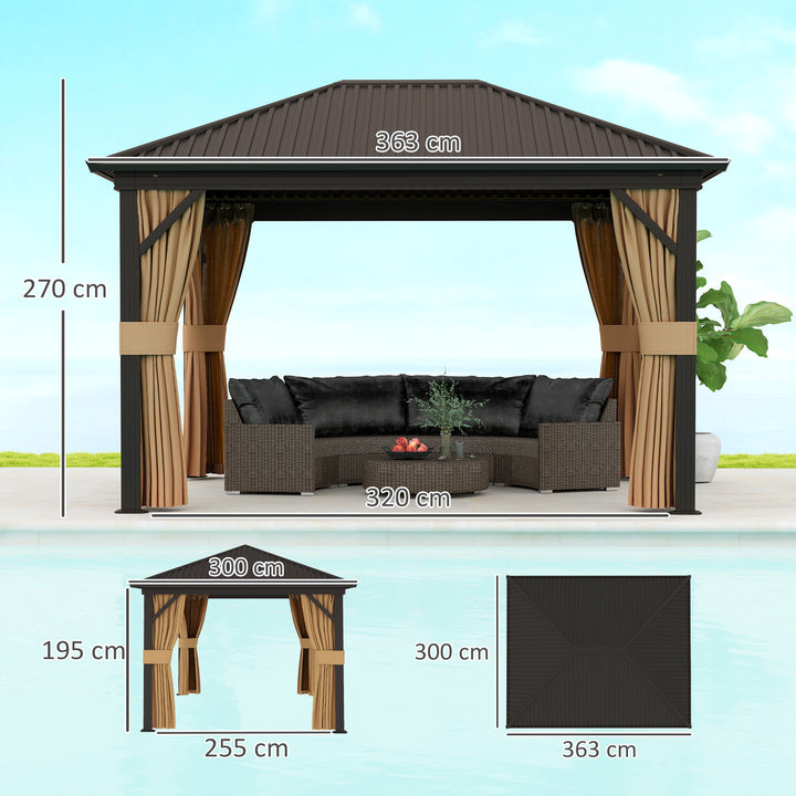 3.6 x 3 m Aluminium Hardtop Gazebo, with Accessories - Brown