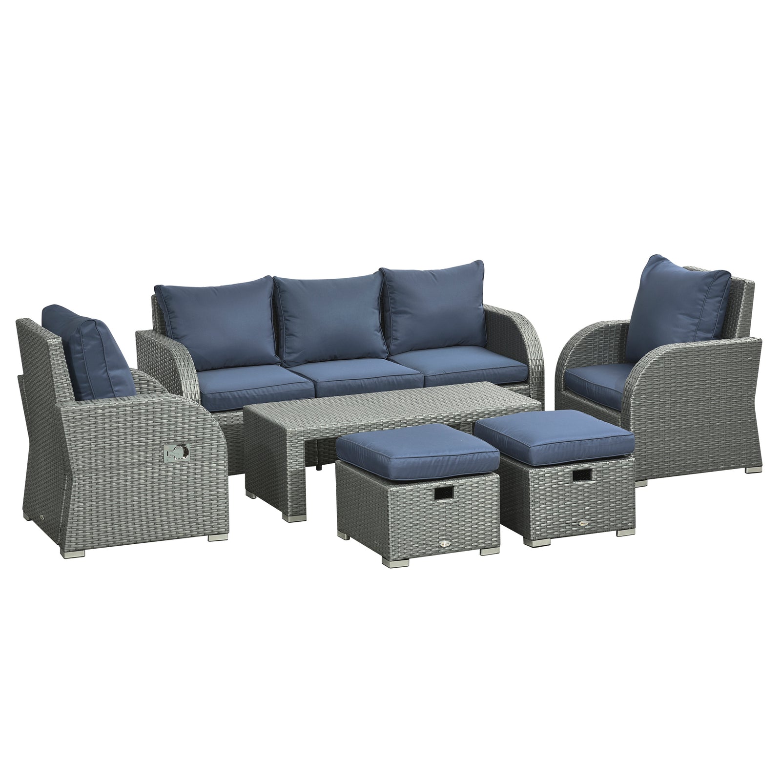 Six-piece Outdoor Rattan Dining Set, Outdoor Sofa Set with Reclining Armchairs and Mental Frame, Blue