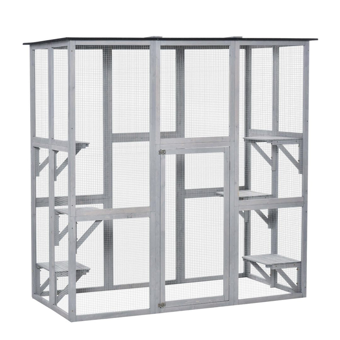 Wooden Catio Cat Outdoor Enclosure, Cat Cage with Waterproof Roof, Platforms, for Multiple Kittens, 180 x 98 x 180 cm