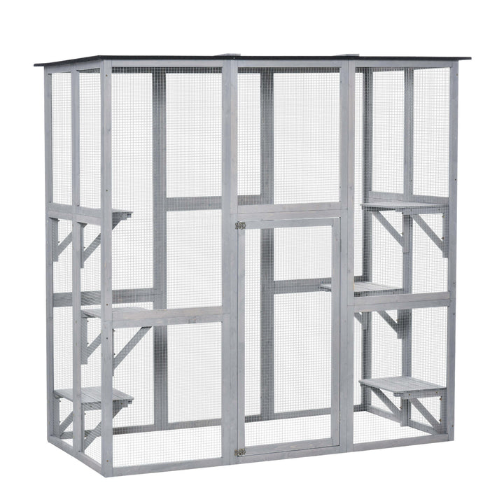 Wooden Catio Cat Outdoor Enclosure, Cat Cage with Waterproof Roof, Platforms, for Multiple Kittens, 180 x 98 x 180 cm