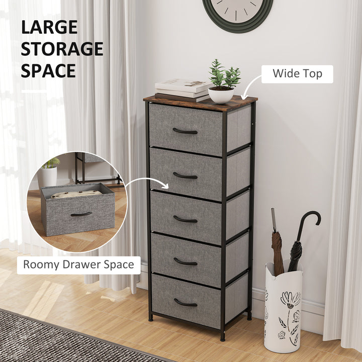 Fabric Chest of Drawers, Industrial Bedroom Dresser with 5 Fabric Drawers, Steel Frame and Wooden Top for Nursery, Living Room, Hallway, Rustic Brown and Grey