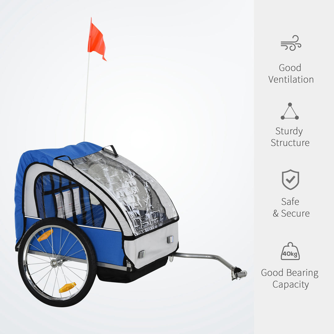 2 Seat Bike Trailer Bicycle wagon for Kids Child Steel Frame Safety Harness Seat Carrier Hitch Coupler Blue White 130 x 76 x 88 cm
