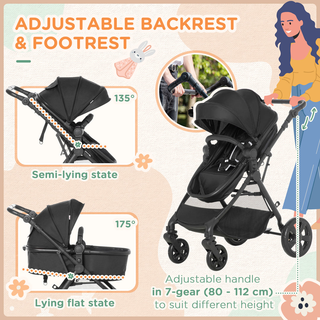 Foldable Baby Stoller, with Reclining Backrest, Adjustable Canopy, for Ages 0-36 Months - Black