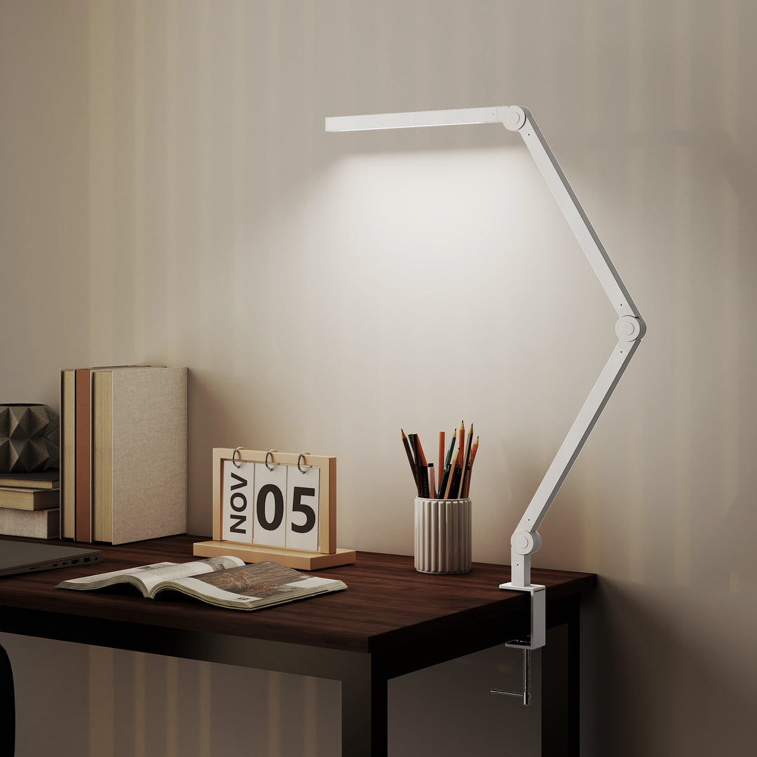 MCL LED Desk Lamp, Dimmable Desk Light with Swing Arm and Clamp, Adjustable Eye-Caring Table Lamp with 2 Colour Modes & 5 Brightness Levels for Study, Drawing, Office, Architect, Task, White