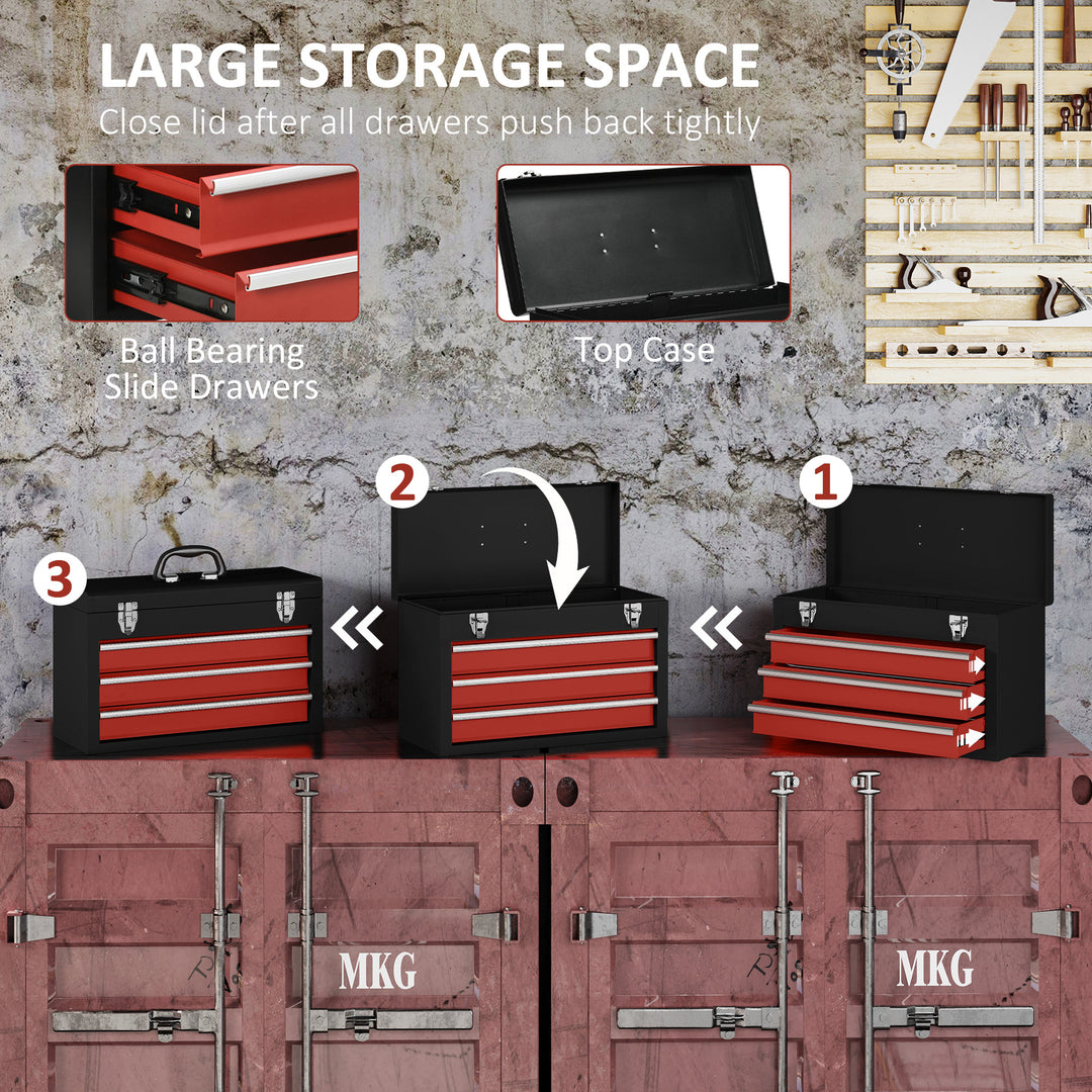 3 Drawer Tool Chest, Lockable Metal Tool Box with Ball Bearing Runners, Portable Toolbox, 510mm x 220mm x 320mm, Black