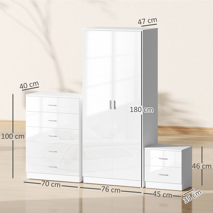 High Gloss 3 Piece Trio Bedroom Furniture Set Wardrobe + Chest Of Drawer + Bedside White