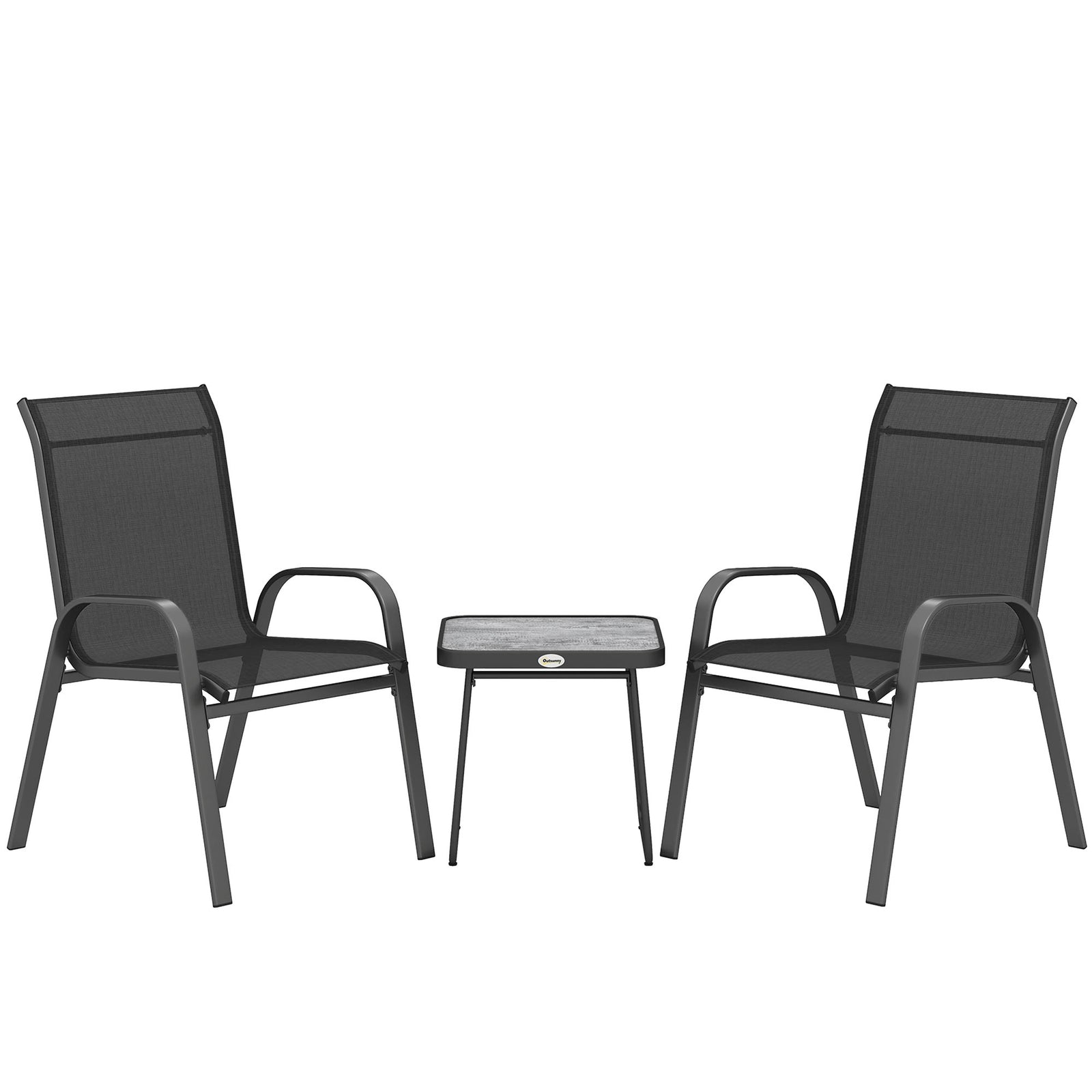 3 Pieces Outdoor Bistro Set, Patio Stackable Armchairs with Breathable Mesh Fabric and SPC Board Coffee Table, Black