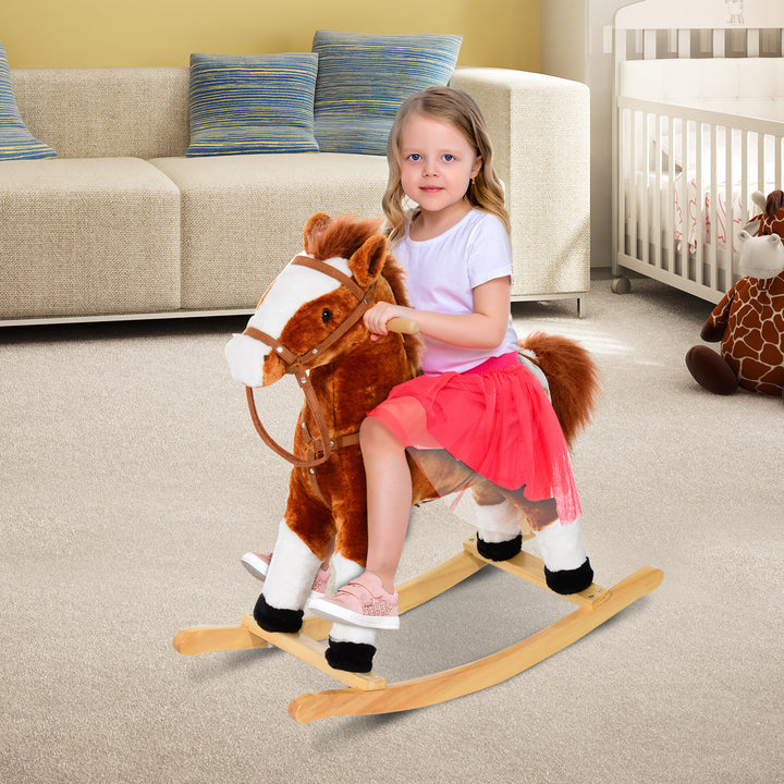 MCL Baby Rocking Horse Plush Ride on Animals Rocker with Sound Handle Grip for kids 3-6 years - Brown
