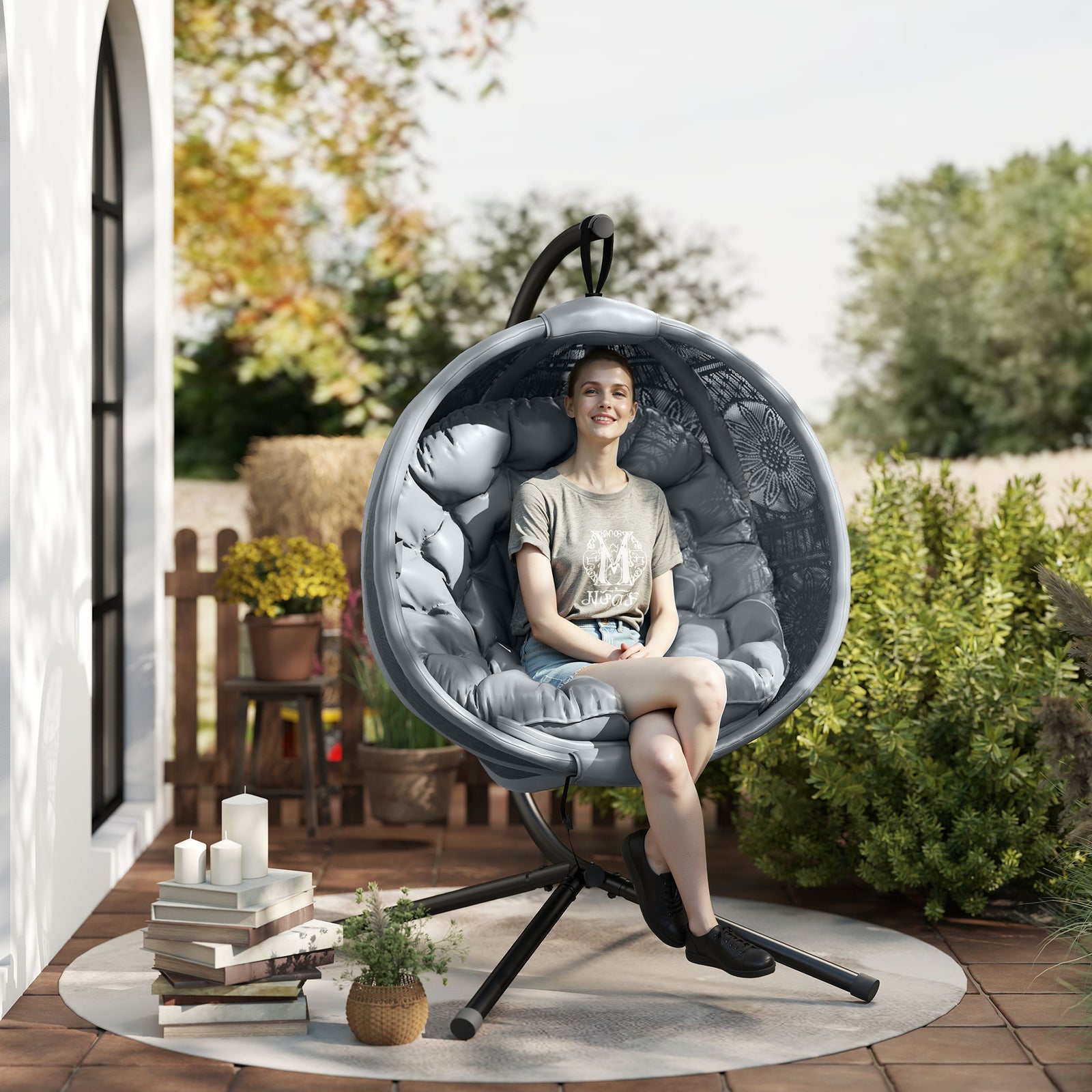Round Egg Basket Chair, with Steel Stand, Charcoal Grey