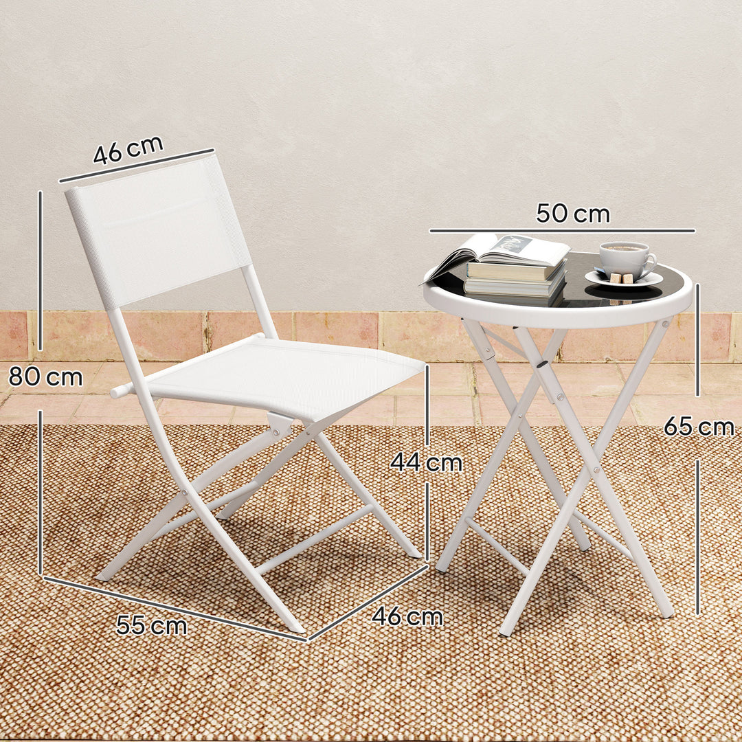 3 Pieces Outdoor Bistro Set, Glass Top Outdoor Table and 2 Folding Chairs with Protecting Feet, White