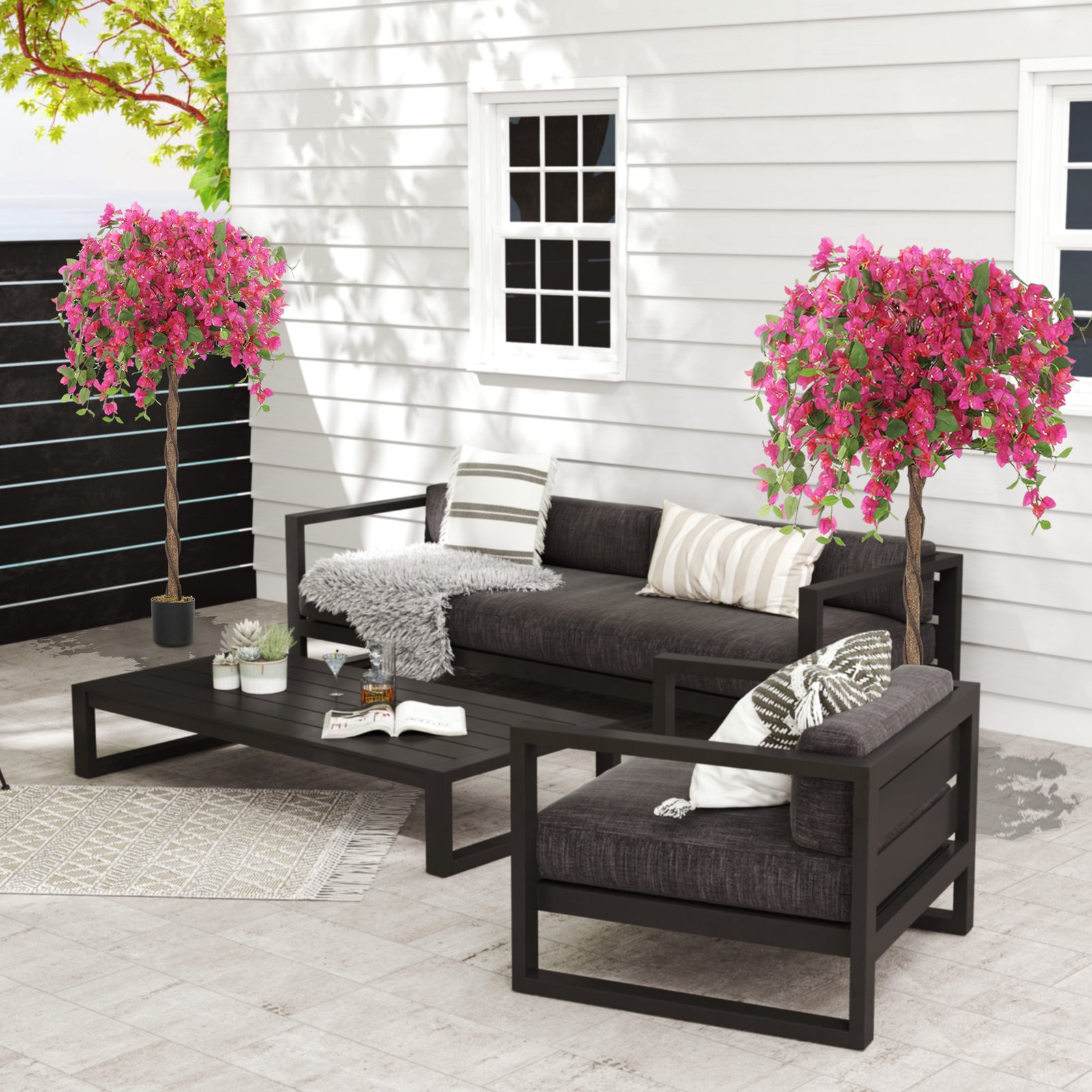 Set of 2 Decorative Artificial Plants, Murraya Flowers in Pots, Fake Plants for Home Indoor Decor, 120cm, Purple and Red