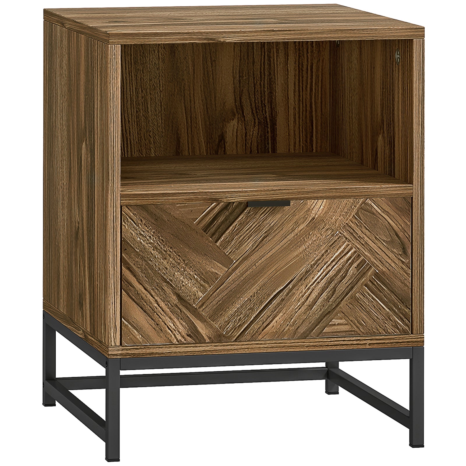 Bedside Table with Drawer and Shelf, Side End Table with Steel Legs for Living Room, Bedroom, Brown Wood Effect