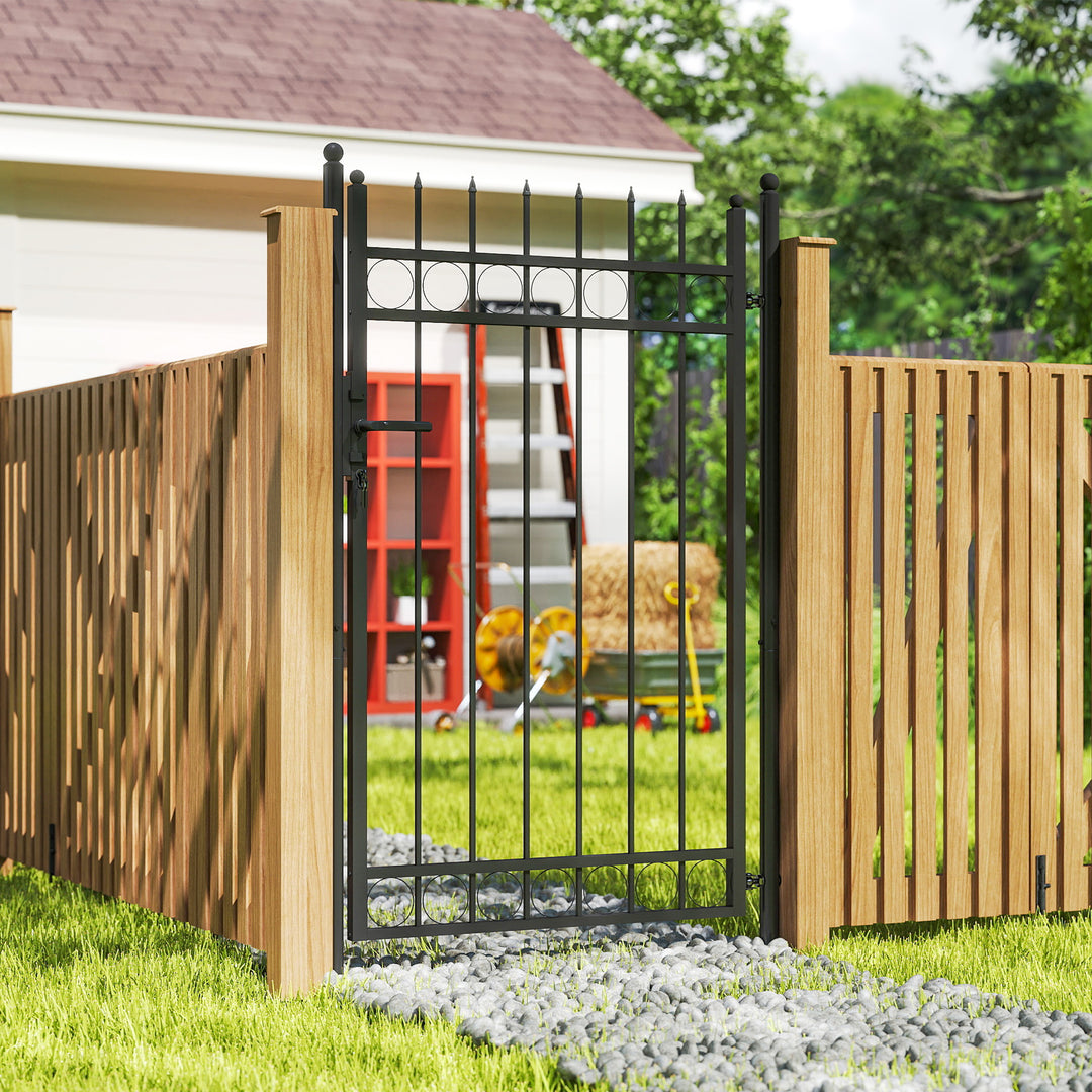 Galvanised Steel Garden Gate, Outdoor Fence Gate Security Barrier with Lock, Keys and Handle, Outdoor Entrance Way Door with Classic Finials, 105 x 204 cm, Black